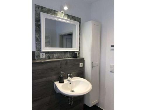 a bathroom with a sink and a mirror at Fehnhuus Comfortable holiday residence in Timmel