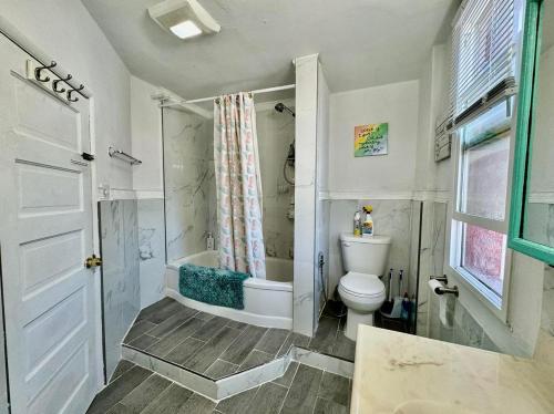 a bathroom with a shower and a toilet and a tub at Tiny Private Room at the Upper Level of a Big House with Shared Bathroom in Seattle