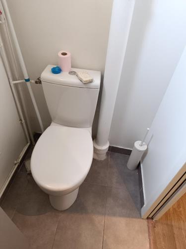 une salle de bain avec des toilettes blanches dans une chambre dans l'établissement Buttes Chaumont, à Paris