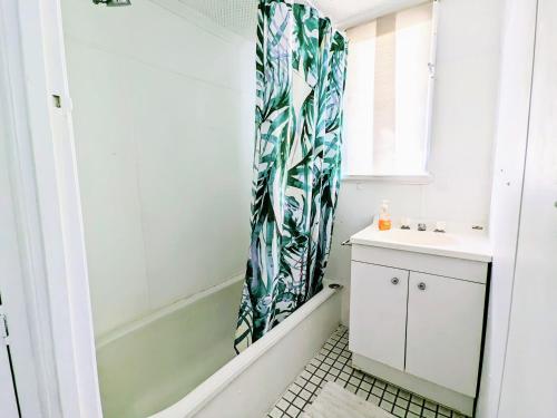 a bathroom with a shower curtain and a sink at Classic Queenslander Suite in Townsville