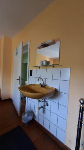 Un baño con lavabo de madera y espejo. en Ferienwohnung Maria Magdalena, en Bad Neuenahr-Ahrweiler