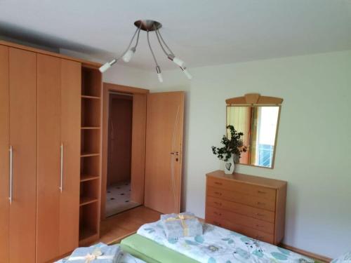 a bedroom with a bed and a dresser and a mirror at Apart Rosi Comfortable holiday residence in Aschau