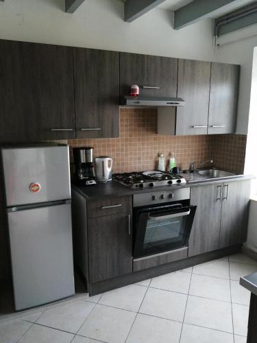 une cuisine avec une cuisinière et un réfrigérateur dans l'établissement le petit hameau, à Fontenay-sur-Mer