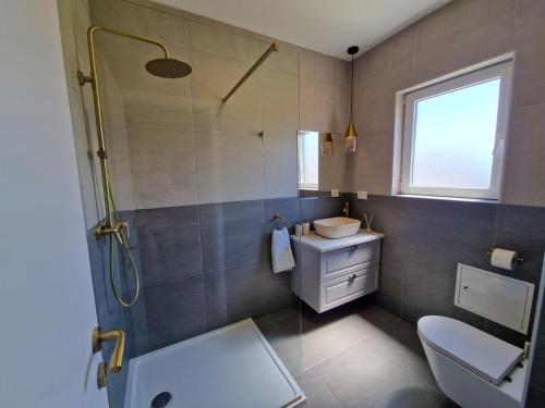 ein Badezimmer mit Dusche, Toilette und Waschbecken in der Unterkunft Holiday Home Nino with amazing swimming pool in Slatine