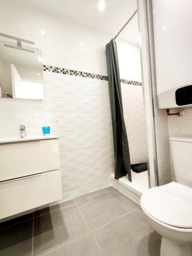 une salle de bain avec toilettes et douche dans l'établissement Appartement sur le port, à Leucate
