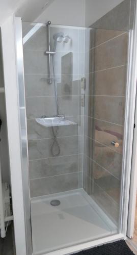 a glass shower with a sink in a bathroom at Le Cosy de Roseline in Sézanne