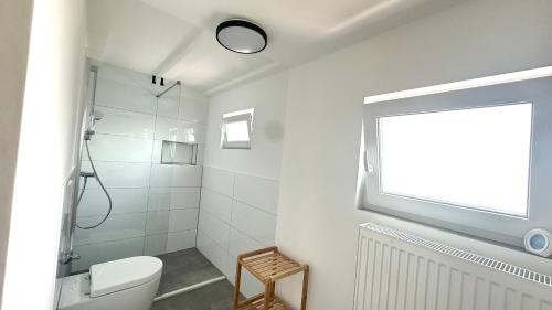 a bathroom with a shower and a toilet and a window at Apartment Savanna im historischen Stadtkern Linn in Krefeld, nähe Düsseldorf Messe, Airport, Parkmöglichkeiten direkt vor dem Haus in Krefeld