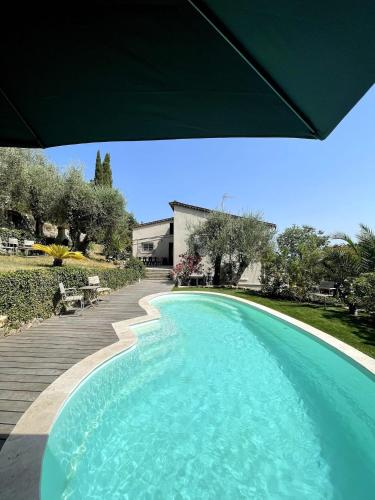 une grande piscine bleue avec un parasol vert dans l'établissement Villa Emery 555, à Châteauneuf