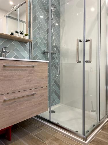 une douche avec une porte vitrée dans une salle de bain dans l'établissement Villa Emery 555, à Châteauneuf