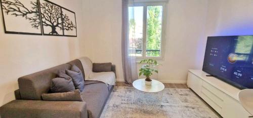 un salon avec un canapé et une télévision à écran plat dans l'établissement Cosy Appart - proche mer et toute commodités, à Nice