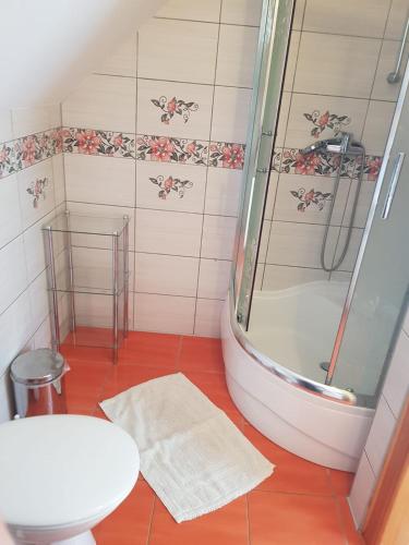 a bathroom with a shower and a toilet and a tub at Pokój 4osobowy in Swornegacie