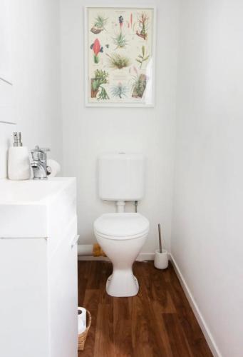 a bathroom with a toilet and a picture on the wall at Cute one bedroom near Waterview in Auckland