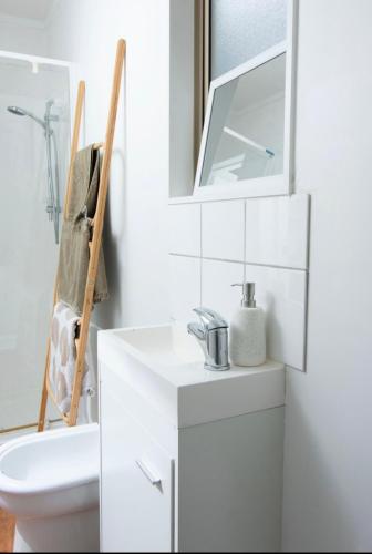 a bathroom with a sink and a toilet and a mirror at Cute one bedroom near Waterview in Auckland