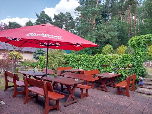 a picnic table and chairs with a red umbrella at Penzion Zuzana in Staré Splavy