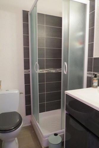 une salle de bain avec toilettes et douche en verre dans l'établissement Superbe Studio Cabine Face Marina- résidence Piscine - 2 ou 3 personnes - 4PV47E, au Barcarès
