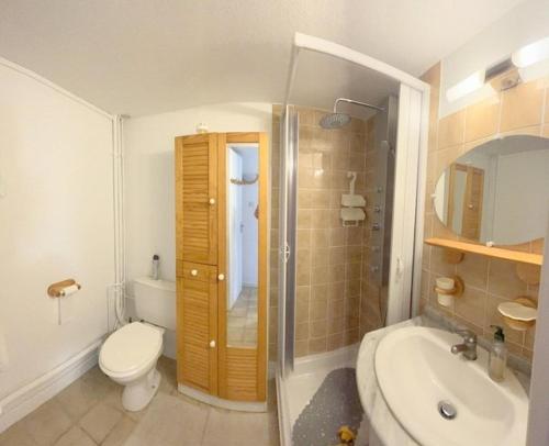 une salle de bain avec toilettes, lavabo et douche dans l'établissement Très bel appartement pour 5 personnes 5PING121, à Port-Leucate