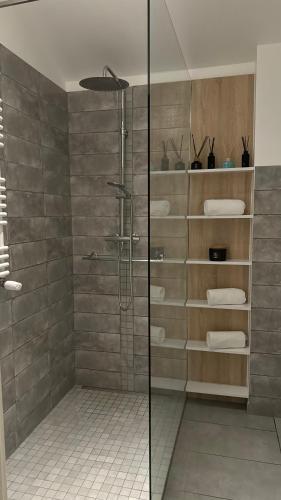a shower with a glass door in a bathroom at Apartament BLUE37 in Sarbinowo