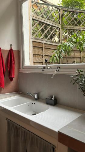 La salle de bains est pourvue d'un lavabo blanc et d'une fenêtre. dans l'établissement Appartement - Cannes proche Croisette avec jardin, à Cannes