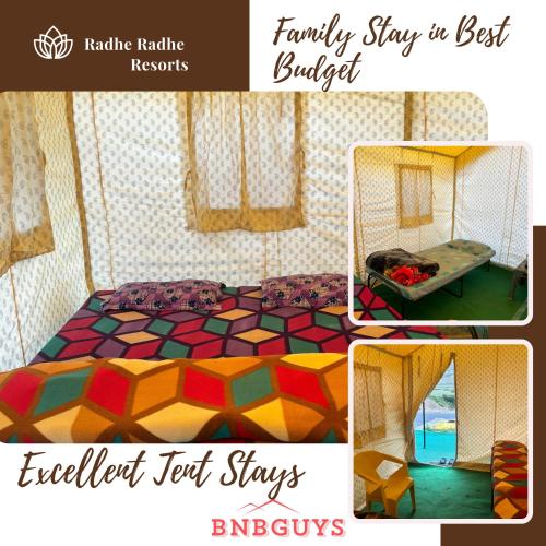 a collage of pictures of a bed in a room at Family Stay in Radhe Radhe Tents in Badrīnāth