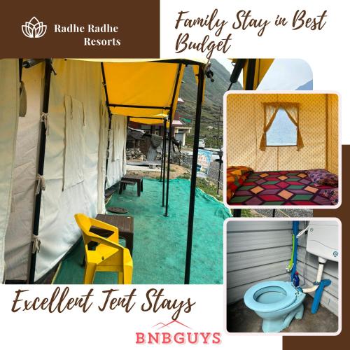 a collage of pictures of a toilet and a tent at Family Stay in Radhe Radhe Tents in Badrīnāth