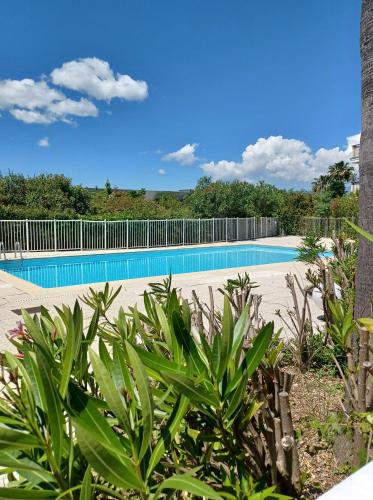 une piscine avec une clôture et quelques plantes dans l'établissement Mer et calme, au Cannet