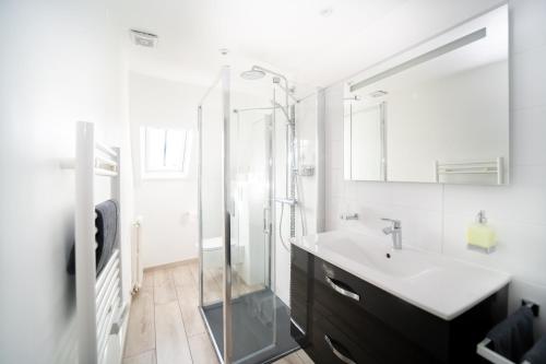 a bathroom with a glass shower and a sink at Clos St Eusebe en coeur de ville in Auxerre