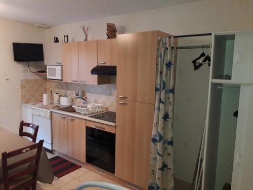 une cuisine avec des armoires en bois et un réfrigérateur dans l'établissement Le coin paisible, à Gujan-Mestras