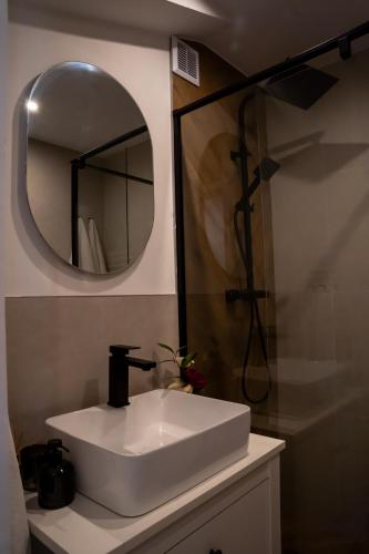 a bathroom with a white sink and a mirror at Apartament Różowy Jeleń in Gliwice