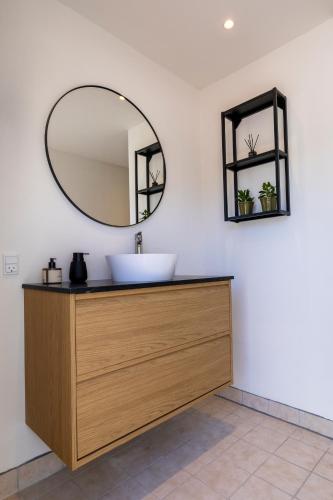 a bathroom with a sink and a mirror at Holmegaard vin og glamping in Dannemare