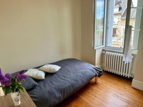 - un lit avec des oreillers dans une chambre avec une fenêtre dans l'établissement Charmante maison à la campagne, à Rânes