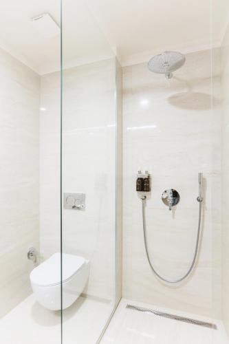 a white bathroom with a shower and a toilet at BIO HOTEL & WELLNESS Zlatý Hýľ in Hýľov