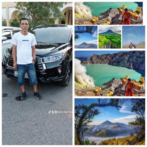 a collage of pictures of a man standing next to a car at Ijen Farmer Homestay in Banyuwangi