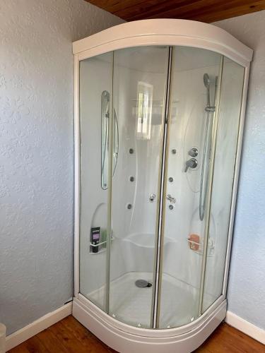 une douche avec une porte vitrée dans une pièce dans l'établissement Charmante maison à la campagne, à Rânes