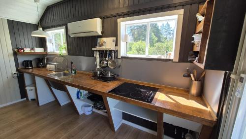 a kitchen with a counter with a sink and a stove at Hemma fran Hemma - Stuga in Kvillsfors