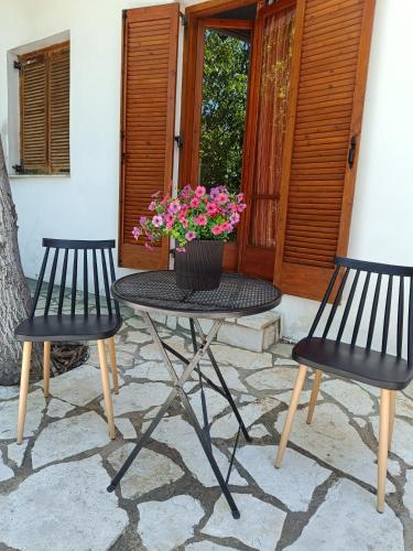 two chairs and a table with a pot of flowers on it at Delphion House in Arachova