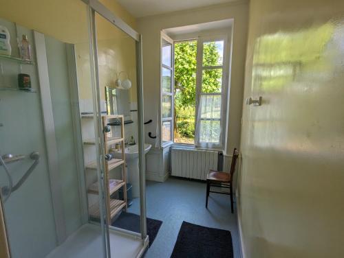 La salle de bains est pourvue d'une douche et d'une douche vitrée. dans l'établissement Loue belle demeure dans une grande propriété - 16 couchages, 8 chambres, 320 m2 - 30 min de Vichy, à Châtel-Montagne