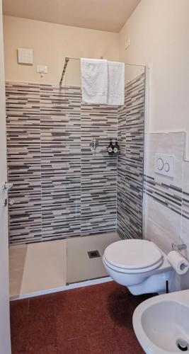 a bathroom with a shower and a toilet and a sink at Da Arturo e Maruca in Vellano