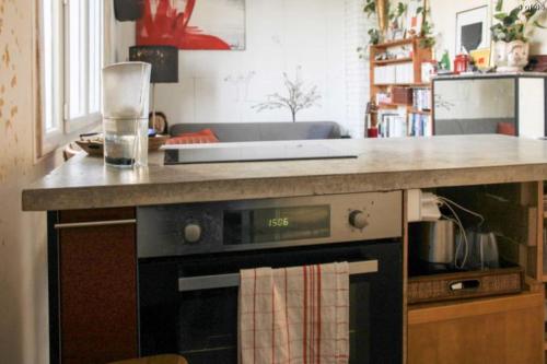 Il comprend une cuisine équipée d'une cuisinière et d'un comptoir. dans l'établissement Appartement deux pièces lumineux et sans vis à vis, à Paris