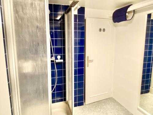 une salle de bain avec douche aux carreaux bleus dans l'établissement La Caravelle 2 pièces sur jardin, à Montrichard
