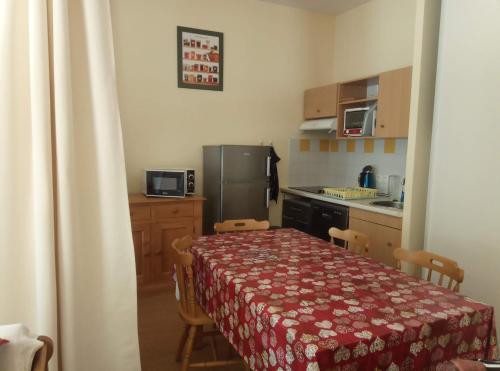 une petite cuisine avec une table et un réfrigérateur dans l'établissement Appartement à la montagne, à Aulus-les-Bains