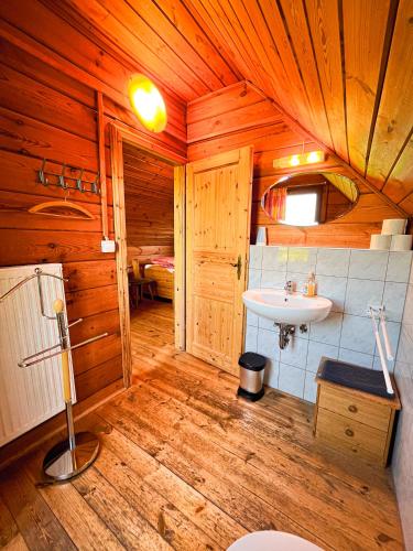 a bathroom with a sink and a toilet in a cabin at Haus Lahneck bei Koblenz in Lahnstein