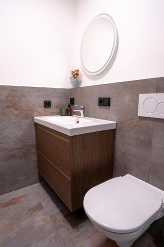 a bathroom with a toilet and a sink and a mirror at Suite Apartment modern getaway - Neu renoviert - Strobl am Wolfgangsee in Strobl