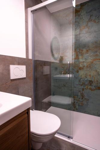 a bathroom with a toilet and a glass shower at Suite Apartment modern getaway - Neu renoviert - Strobl am Wolfgangsee in Strobl
