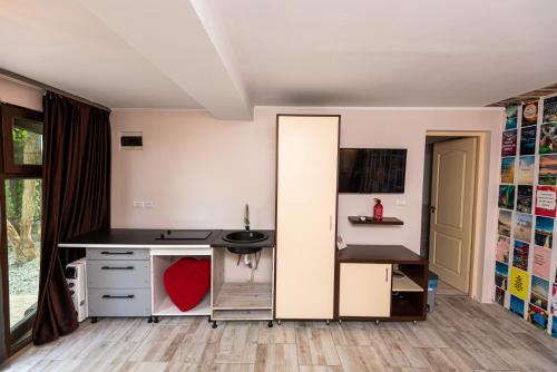 a room with a kitchen with a sink and a desk at iVAVev IS US ByTheSea EforieSud in Eforie Sud
