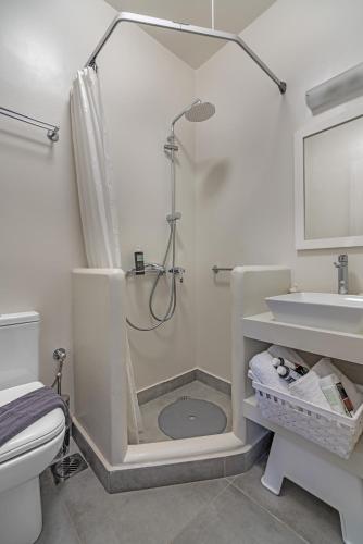 a bathroom with a shower and a toilet and a sink at Elafonisos Aqua Villa II in Elafonisos