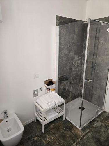 Un baño con ducha, inodoro y lavabo. en La Torretta Apartment, en Peschiera del Garda