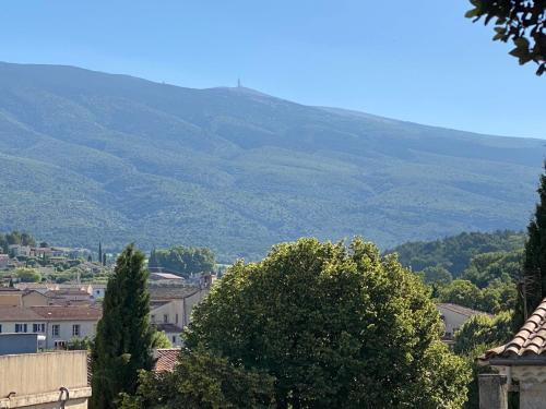 a view of a town with mountains in the background at le jardin sur le toit, Bédoin in Bédoin