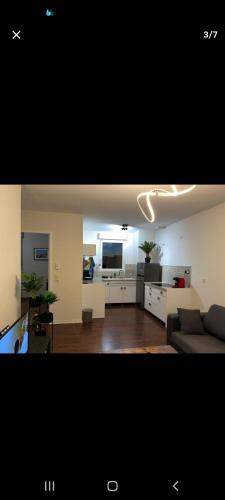 un salon avec un canapé et une cuisine dans l'établissement Aquila, à Mâcon