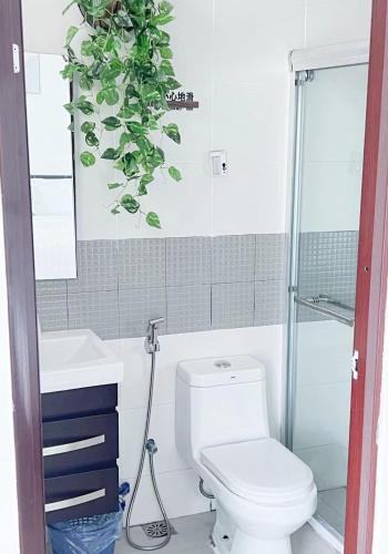 a bathroom with a toilet and a plant at 嘉乐民宿JIALE homestay in Kota Kinabalu