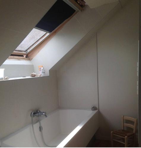 une salle de bain avec une baignoire et une fenêtre dans l'établissement Chambre ville & campagne, à Nantes